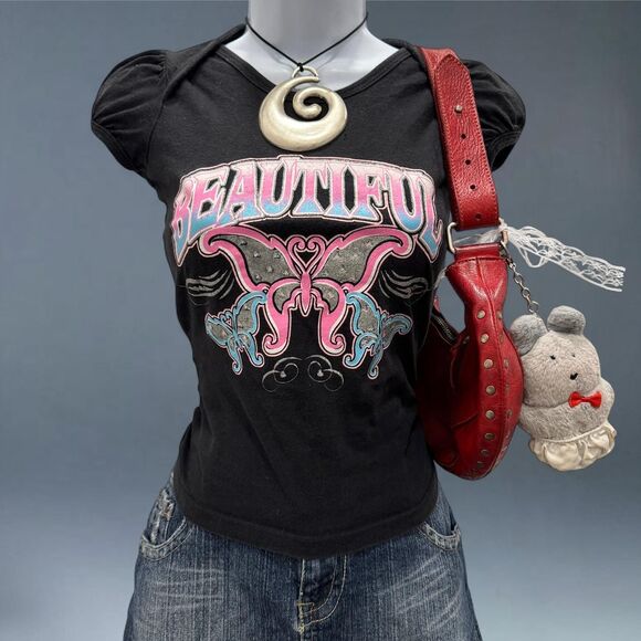 Canyon River Blues Y2K Black Graphic Baby Tee Butterfly Sparkly - Picture 1 of 8